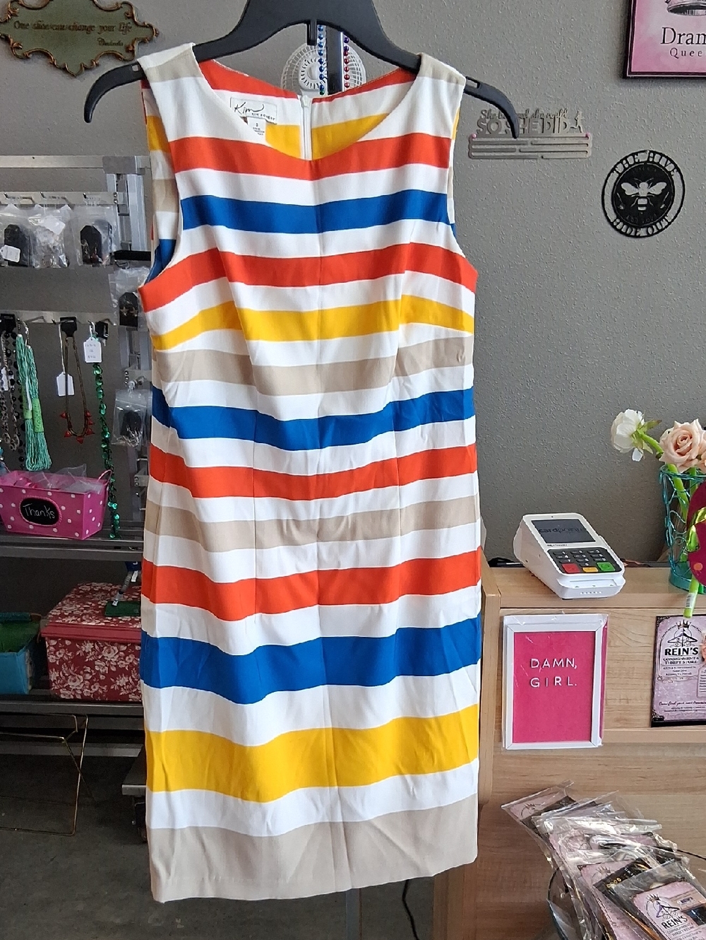 Kim Rogers Sleeveless Stripe Midi Dress - White, Blue, Orange, Yellow, Tan